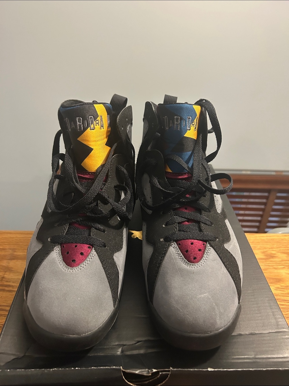 Jordan High-Top Sneakers in Gray, Black, Maroon and Yellow